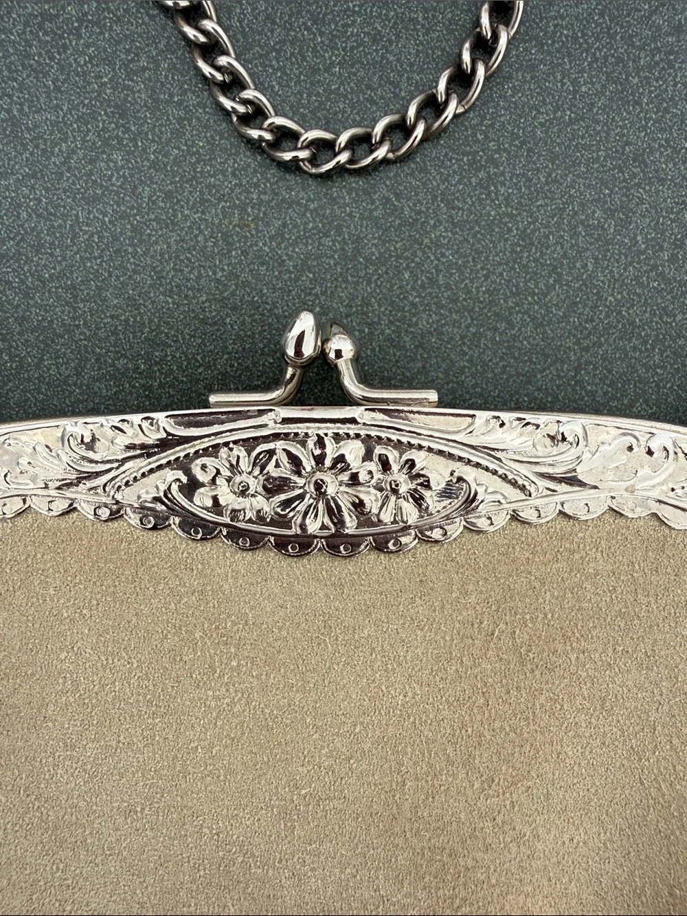 Vintage-Style Taupe beige Suede Evening Crossbody Bag with Silver Frame